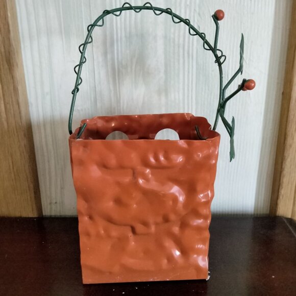 Metal Jack O Lantern Candle Holder Handle Leaf Accents Halloween Decor - Picture 3 of 8